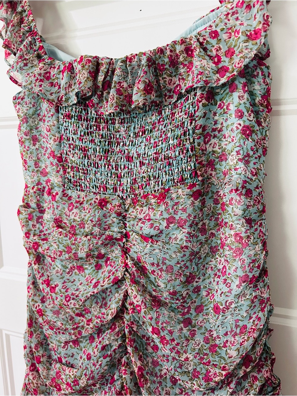ASTR The Label Blue Pink Floral Ruched Mini Dress Size M Cottagecore Romance - Picture 7 of 11
